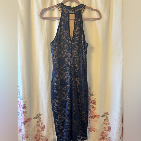 Navy lace dress with nude underlay - Picture 2 of 2